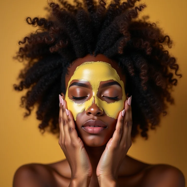 Mulher aplicando máscara capilar no cabelo afro.