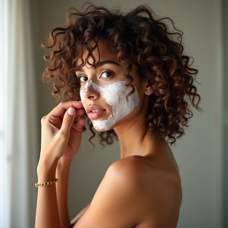 Mulher aplicando máscara capilar no cabelo cacheado no banho