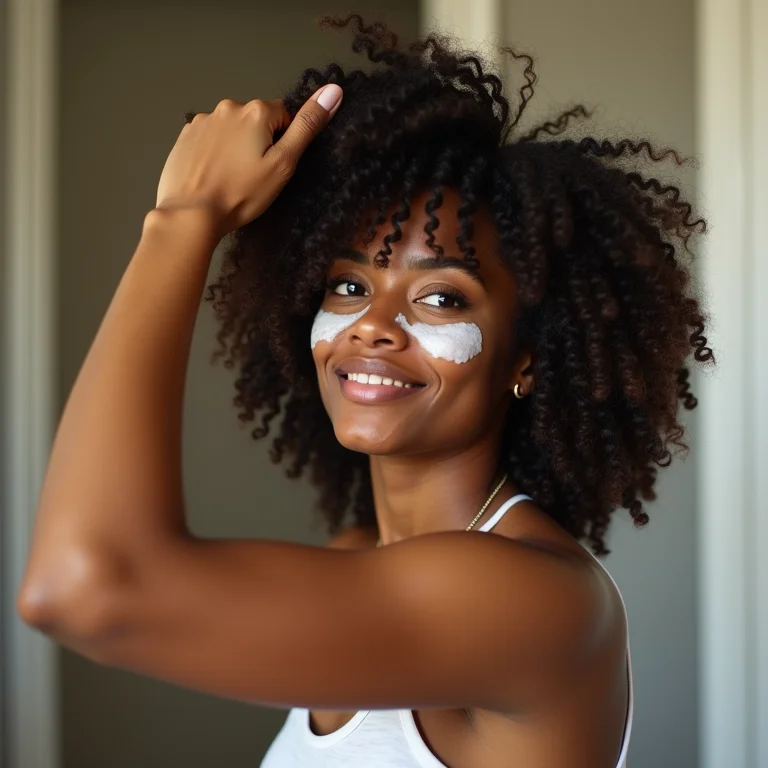 Mulher aplicando máscara capilar no cabelo crespo tipo 4C