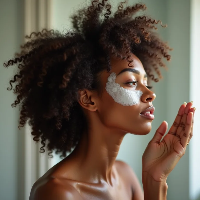 Mulher aplicando máscara capilar nos cabelos cacheados