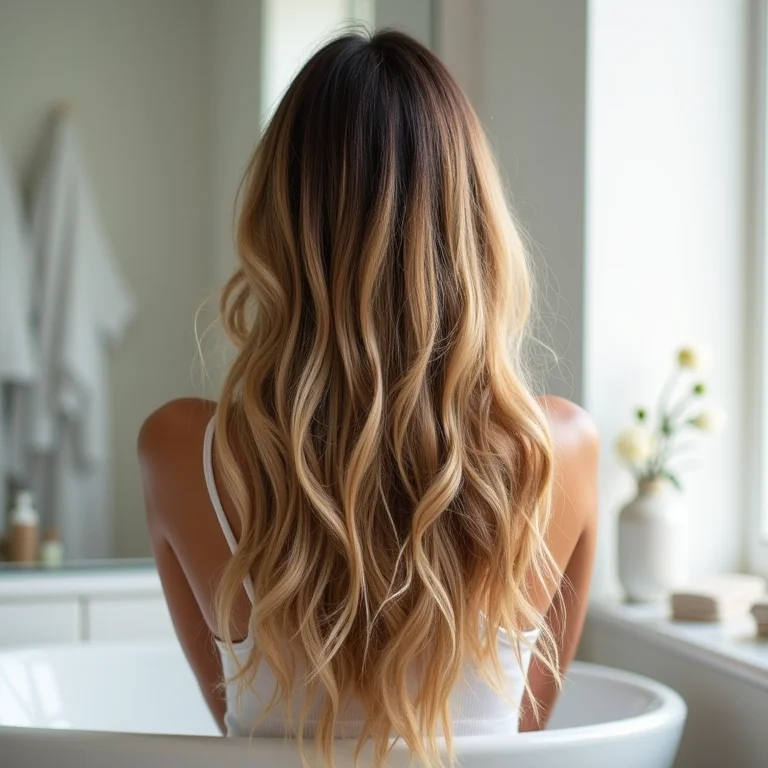 Mulher aplicando máscara capilar nos cabelos com mechas