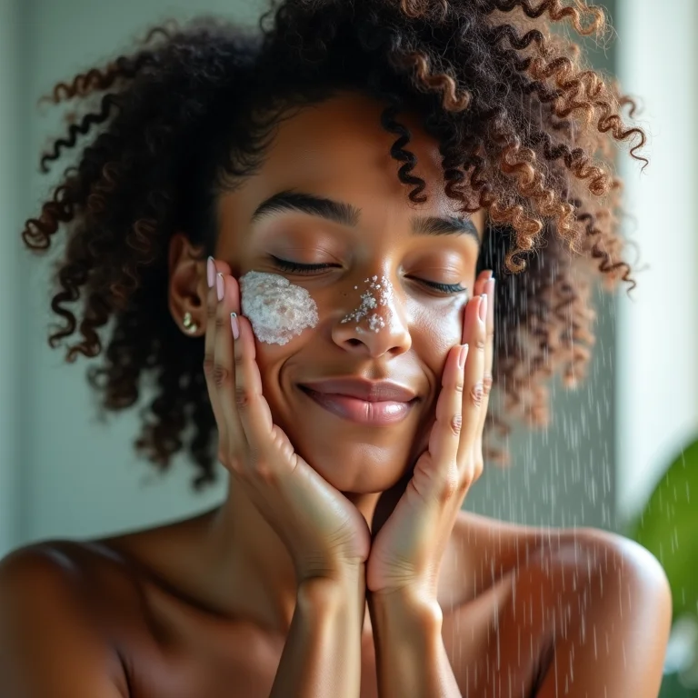 Mulher aplicando máscara capilar nos cachos durante o banho