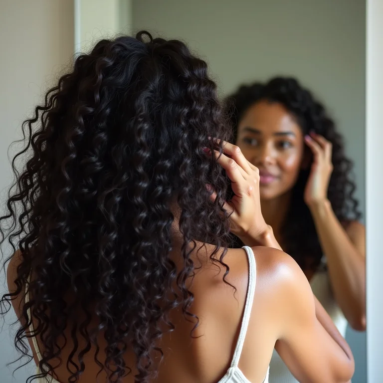 Mulher aplicando máscara capilar para brilho