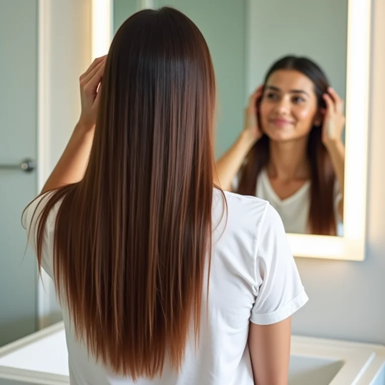 Mulher aplicando máscara de iogurte no cabelo longo e liso no banheiro
