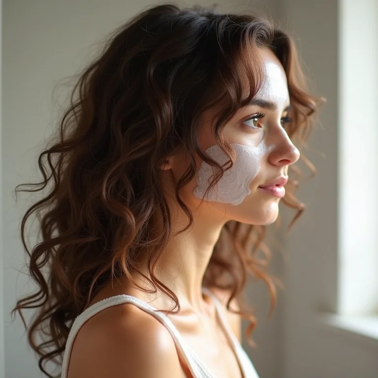 Mulher aplicando máscara de maisena no cabelo cacheado