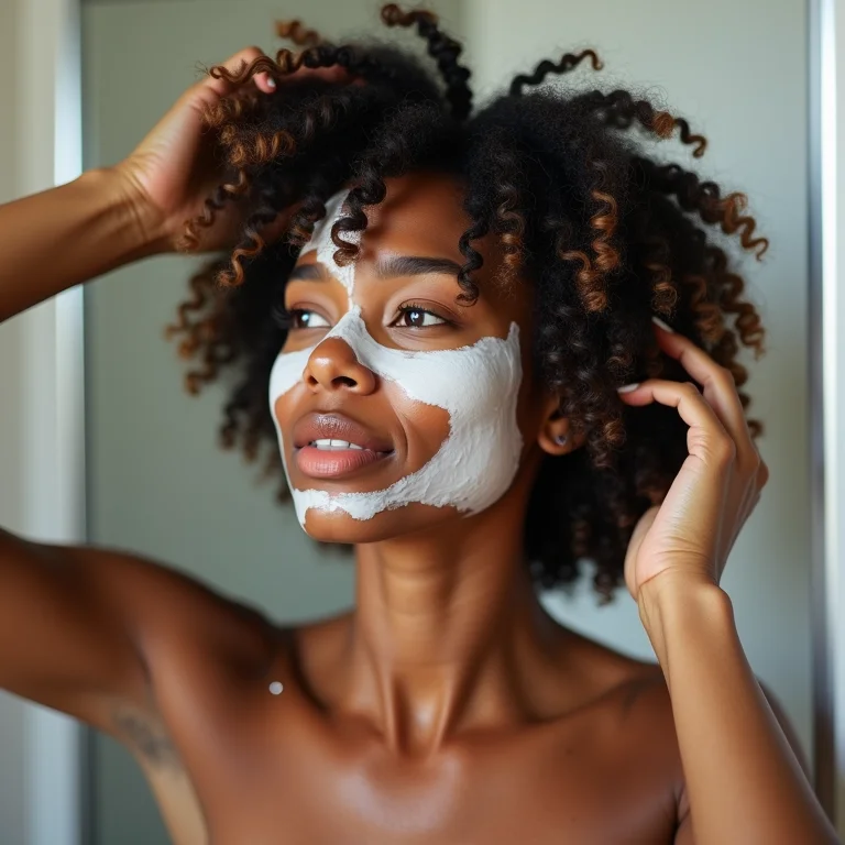 Mulher aplicando máscara de reconstrução no cabelo crespo