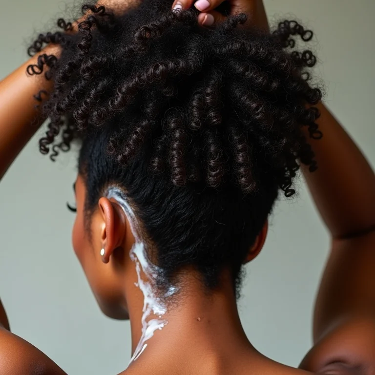 Mulher aplicando máscara vegana em cabelo crespo 4C