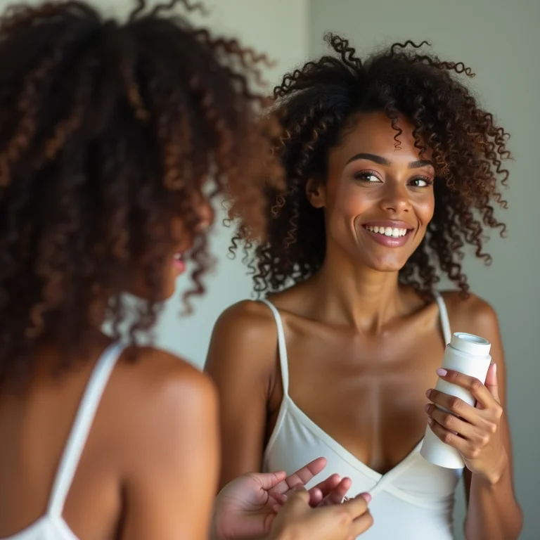 Mulher aplicando mousse capilar nas mãos