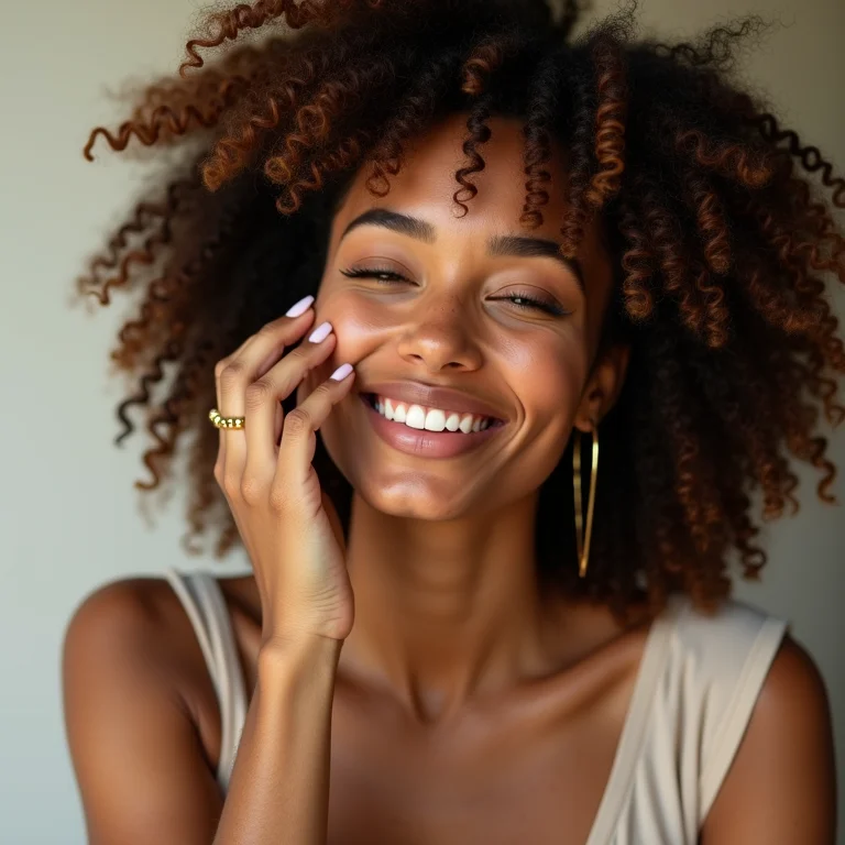 Mulher aplicando óleo capilar em cabelo cacheado ruivo doce de leite