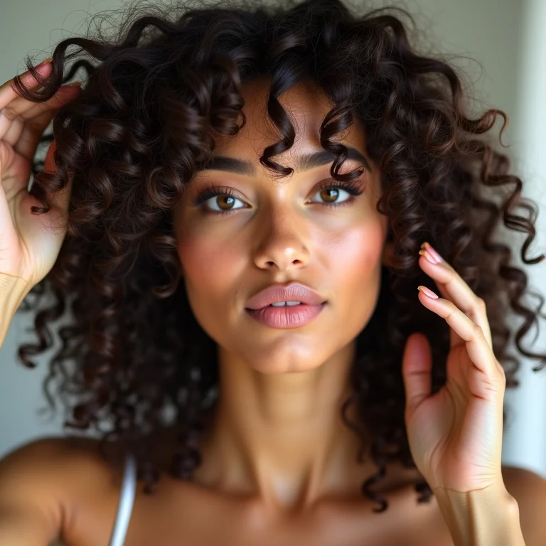 Mulher aplicando óleo capilar em cabelo cacheado