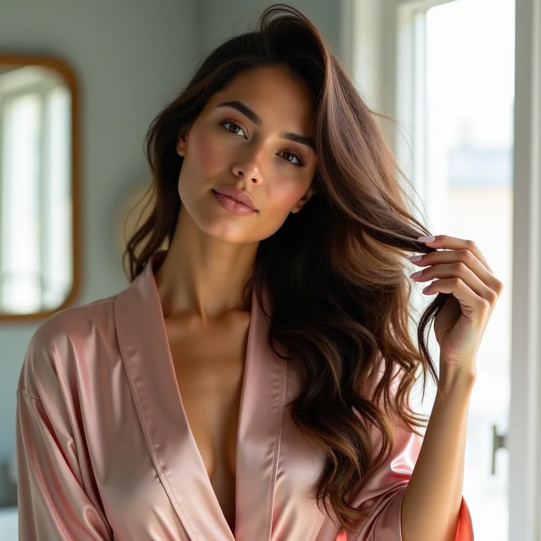 Mulher aplicando óleo capilar nas pontas do cabelo em um banheiro iluminado.