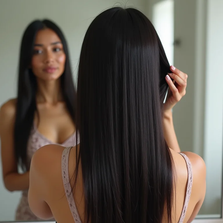 Mulher aplicando óleo capilar nas pontas do cabelo preto.