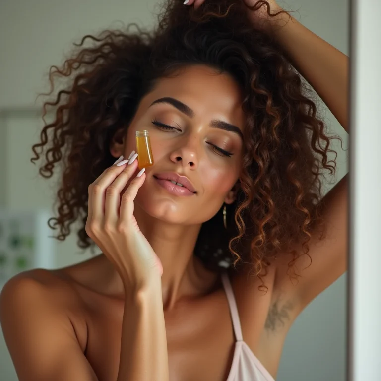Mulher aplicando óleo capilar no cabelo cacheado de cabeça para baixo