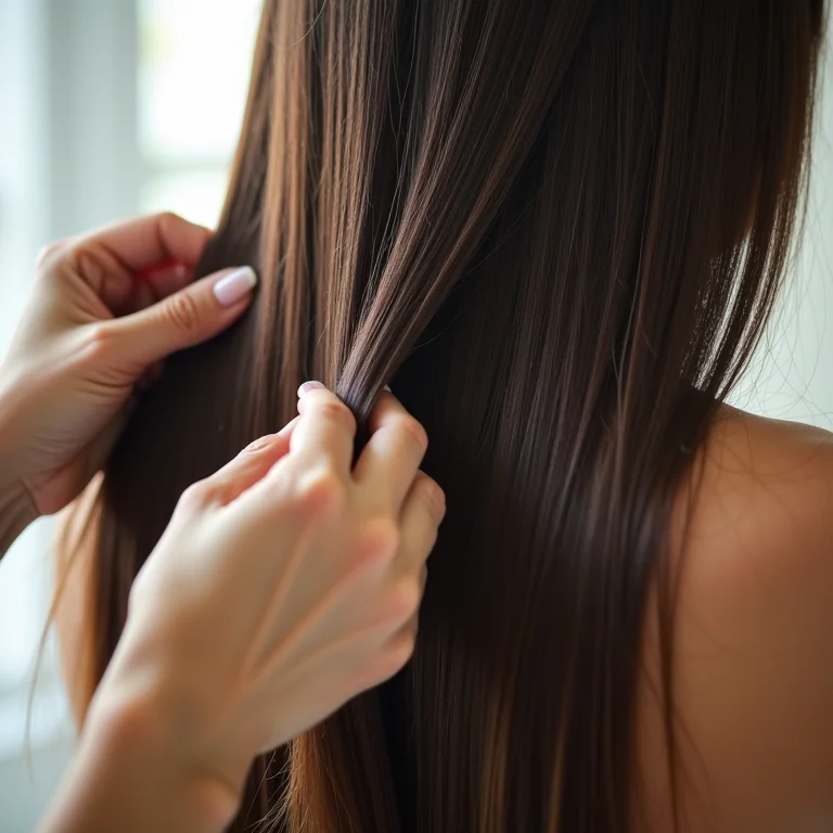 Mulher aplicando óleo capilar para dar brilho instantâneo aos cabelos.
