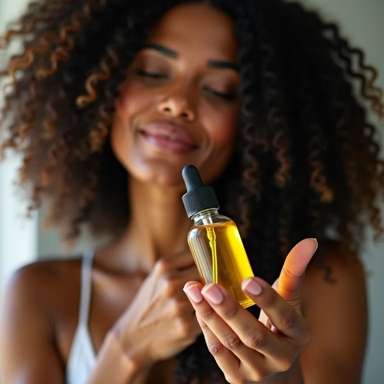 Mulher aplicando óleo de amêndoas nas pontas do cabelo crespo