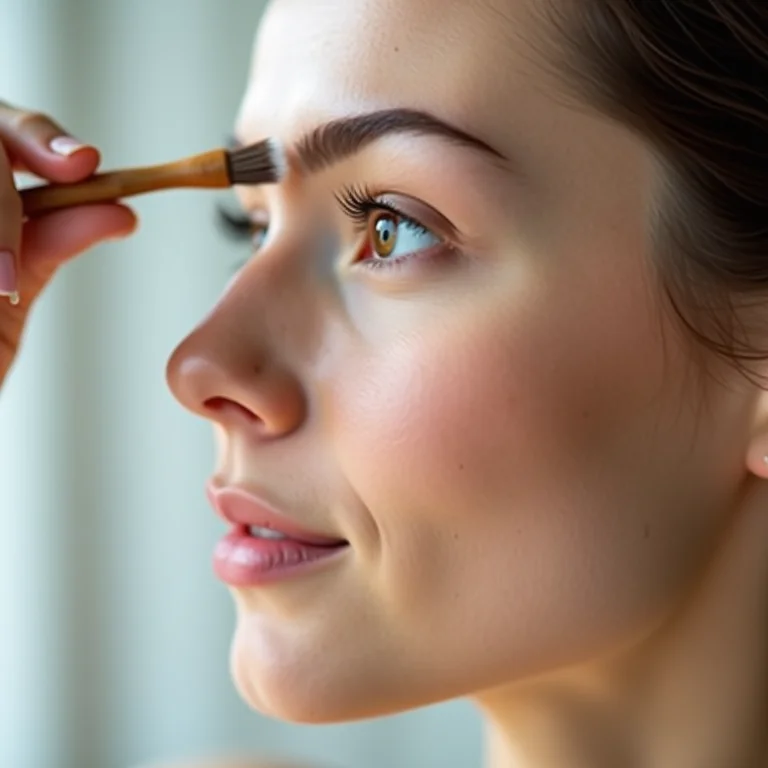 Mulher aplicando óleo de rícino nas sobrancelhas.