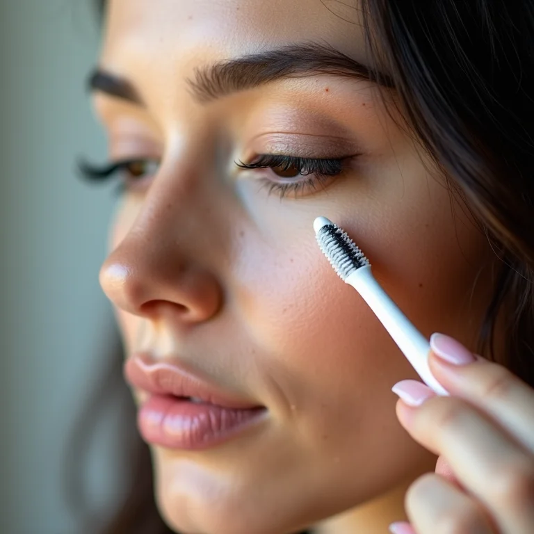 Mulher aplicando óleo de rícino nos cílios com aplicador