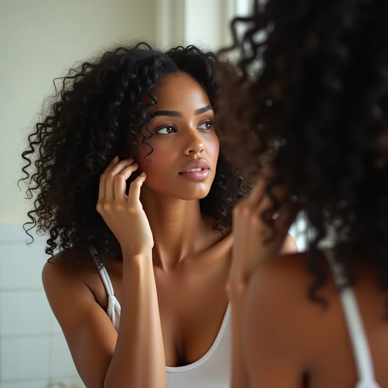 Mulher aplicando óleo finalizador no cabelo cacheado