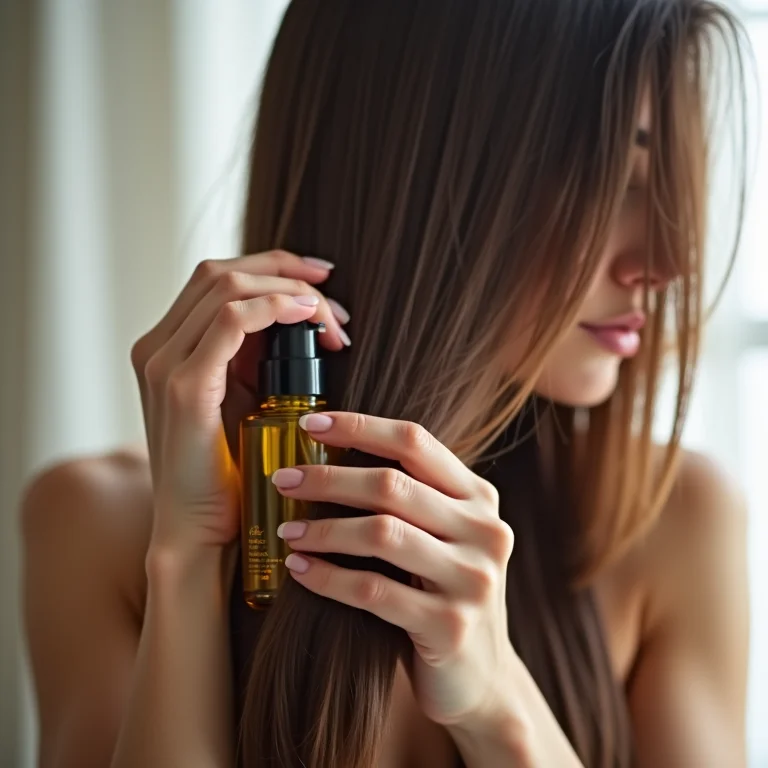 Mulher aplicando óleo iluminador nas pontas do cabelo liso