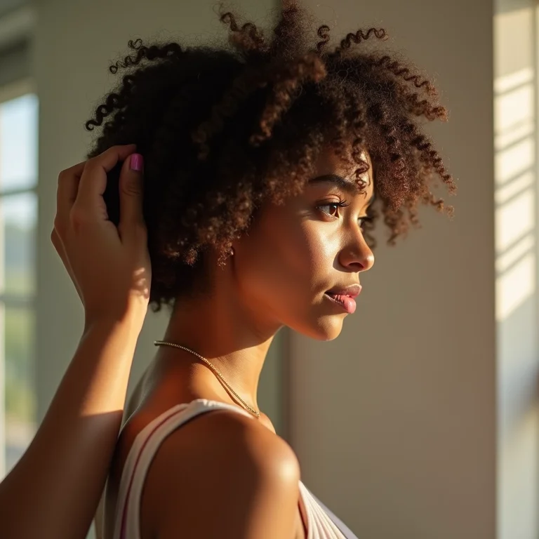 Mulher aplicando óleo no cabelo cacheado para umectação noturna