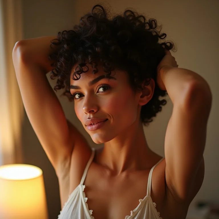 Mulher aplicando óleo no cabelo cacheado rapidamente antes de dormir