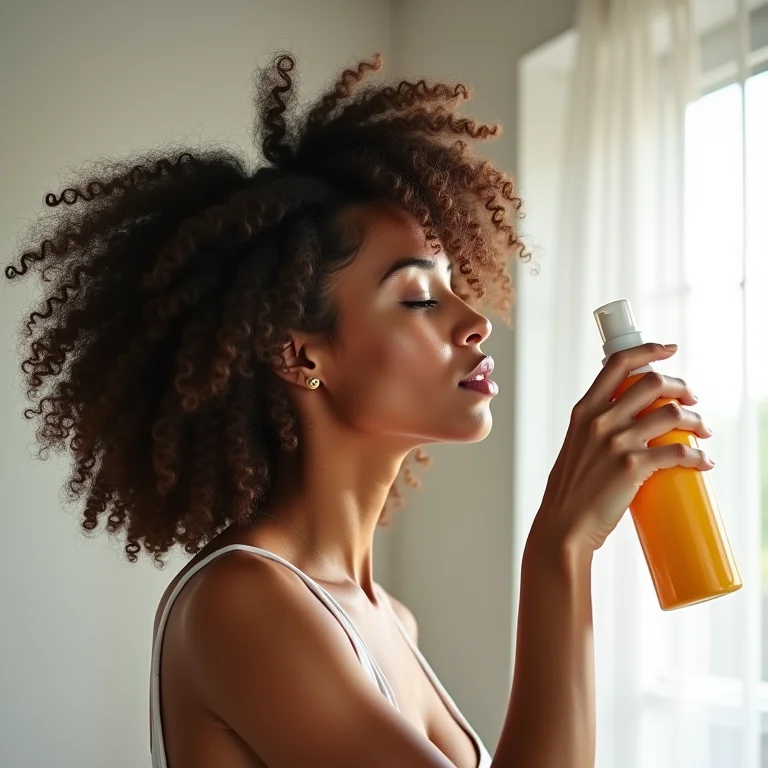 Mulher aplicando protetor solar capilar no banheiro