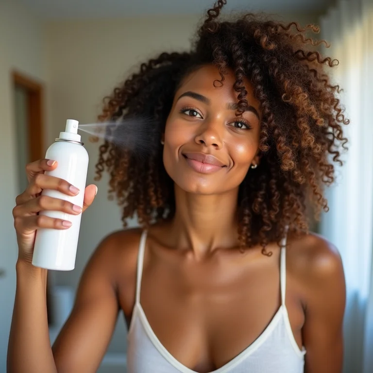 Mulher aplicando protetor térmico sem silicone no cabelo cacheado