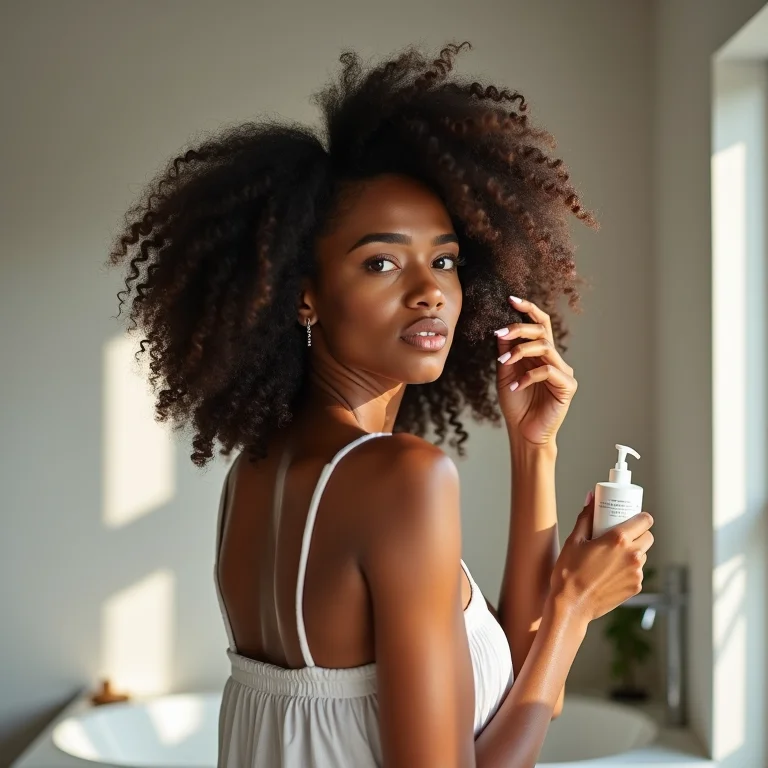 Mulher aplicando reparador de pontas nos cachos