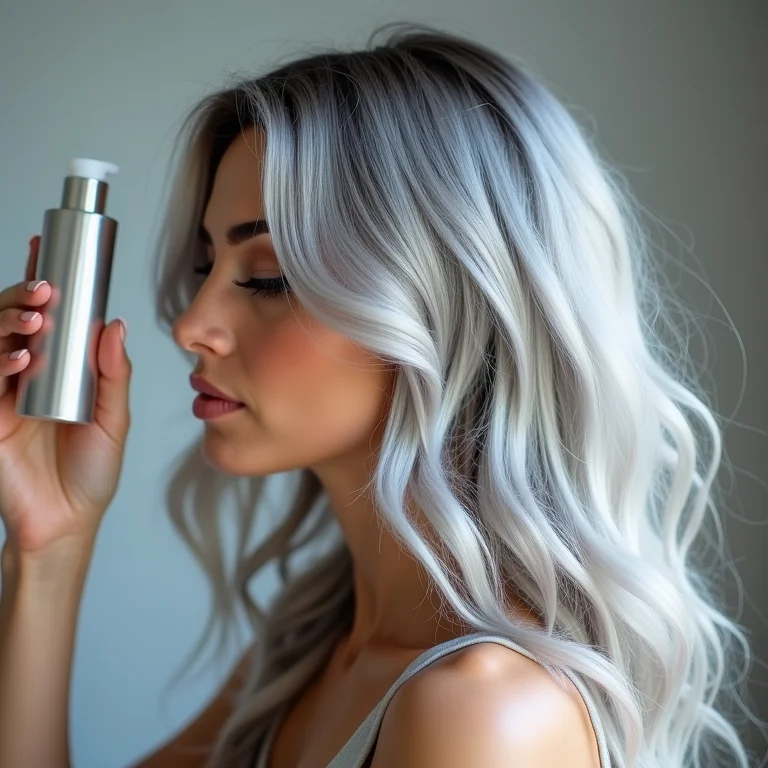 Mulher aplicando sérum capilar em cabelo platinado com tonalidade fria