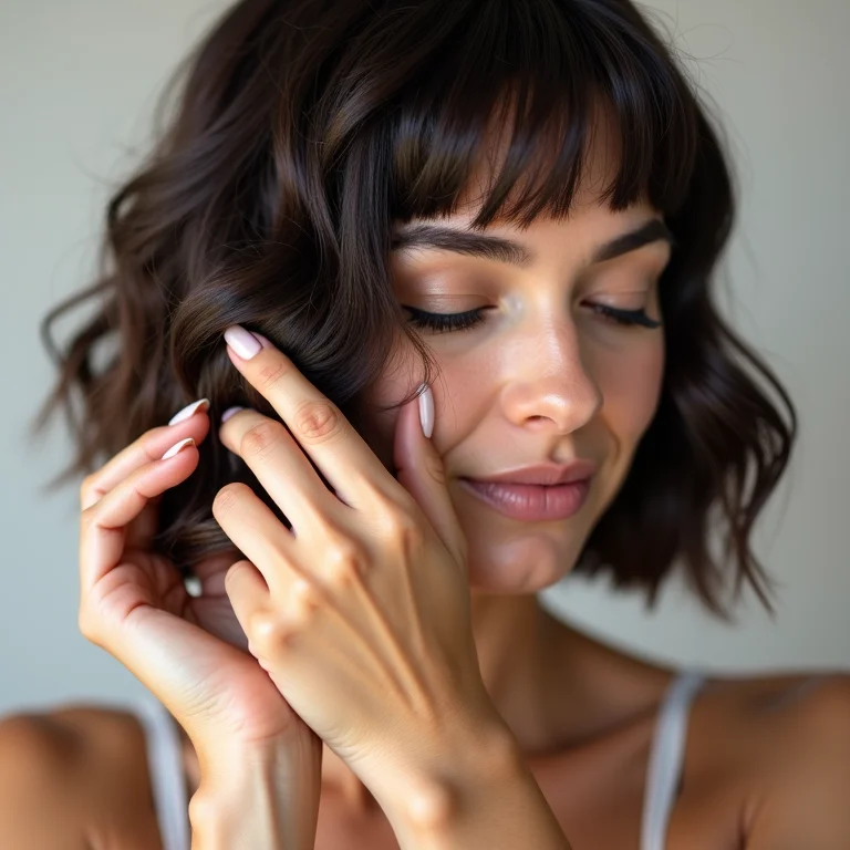 Mulher aplicando sérum capilar em chanel de bico com franja