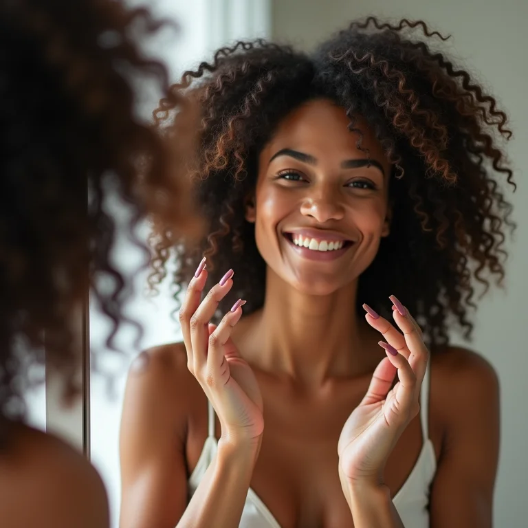 Mulher aplicando serum capilar nas mãos.