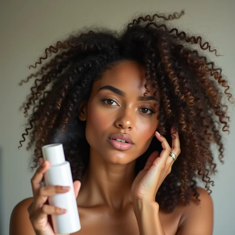 Mulher aplicando shampoo a seco no cabelo cacheado em frente ao espelho.