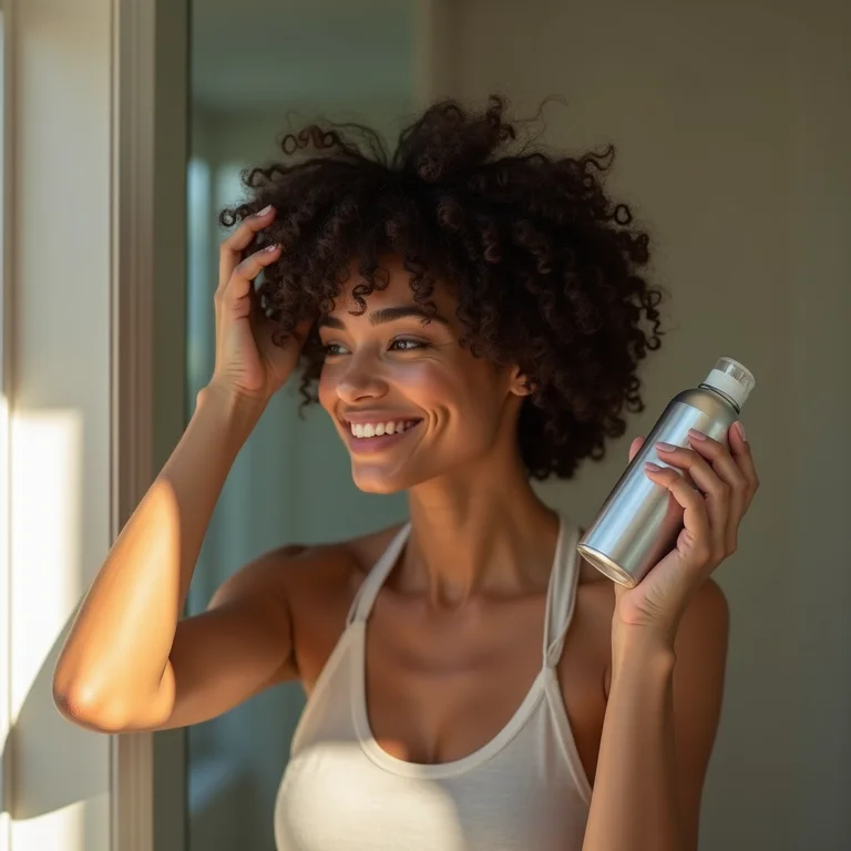 Mulher aplicando shampoo a seco no cabelo cacheado.
