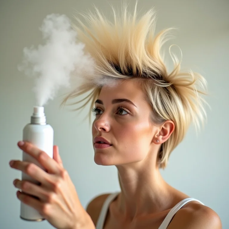 Mulher aplicando shampoo a seco para dar volume ao cabelo curto.