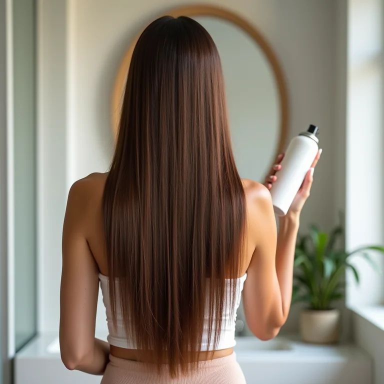 Mulher aplicando spray fixador no cabelo