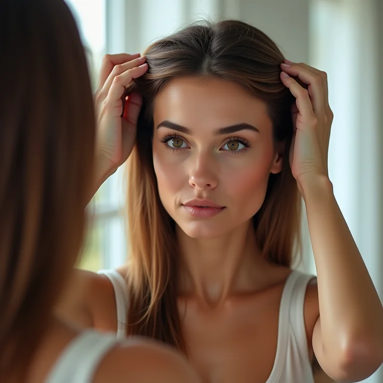 Mulher aplicando tinta no cabelo em frente ao espelho do banheiro.