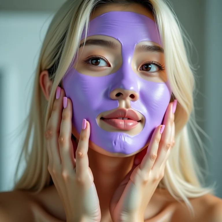 Mulher asiática aplicando máscara matizadora roxa no cabelo liso.