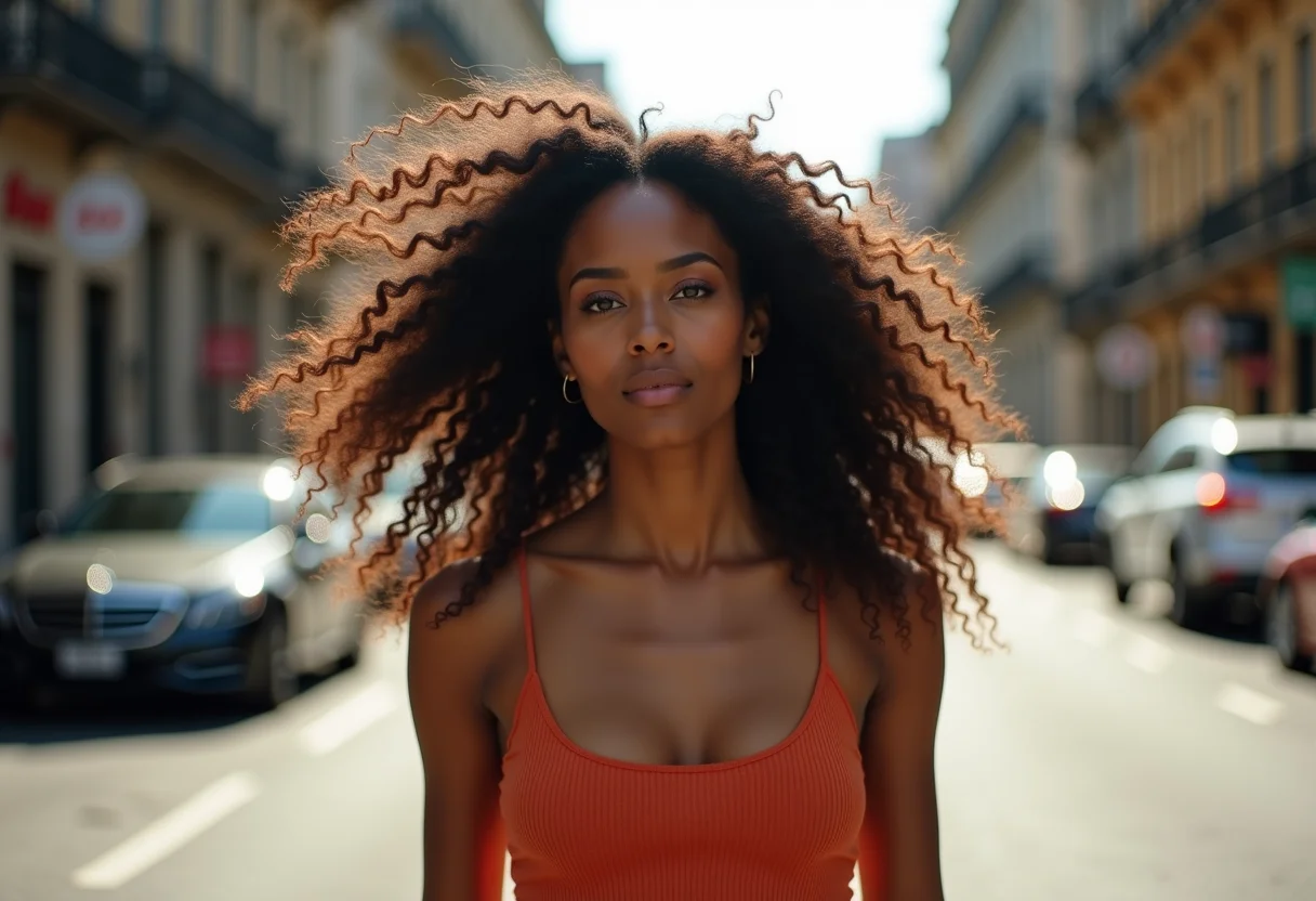 Mulher brasileira com cabelo cacheado andando na rua
