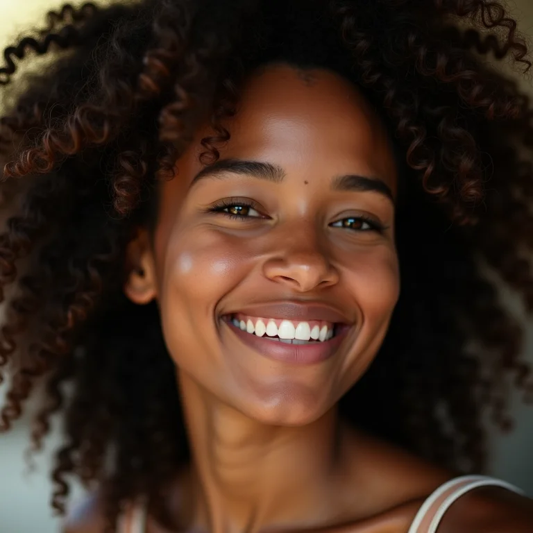 Mulher brasileira sorrindo com cabelo cacheado tipo 3B
