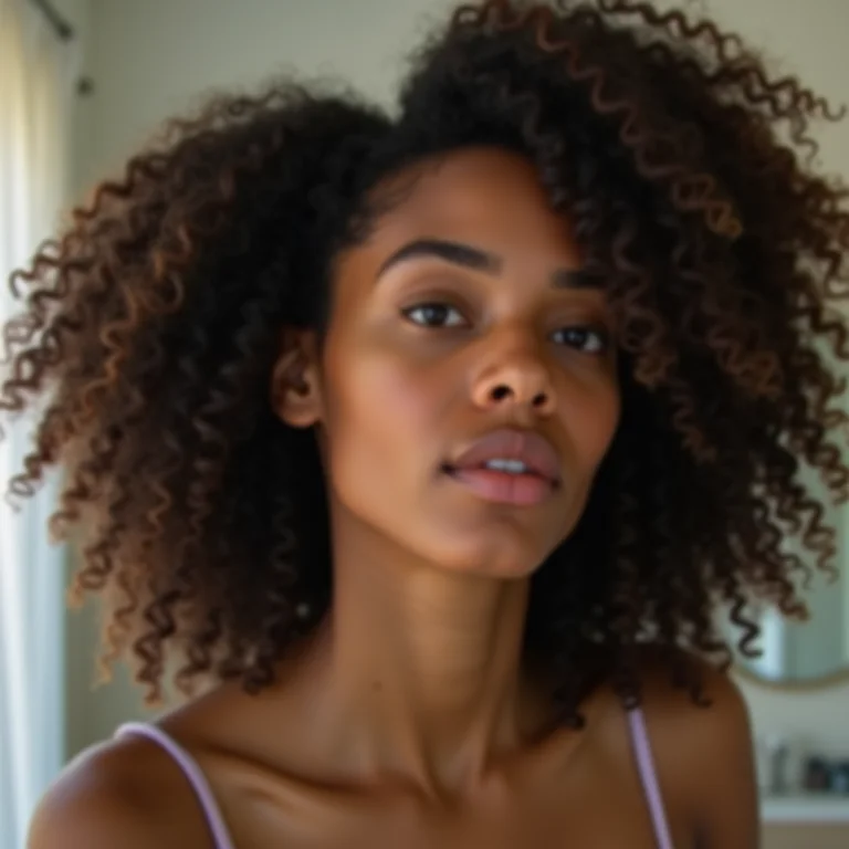 Mulher cacheada analisando a saúde do cabelo no espelho