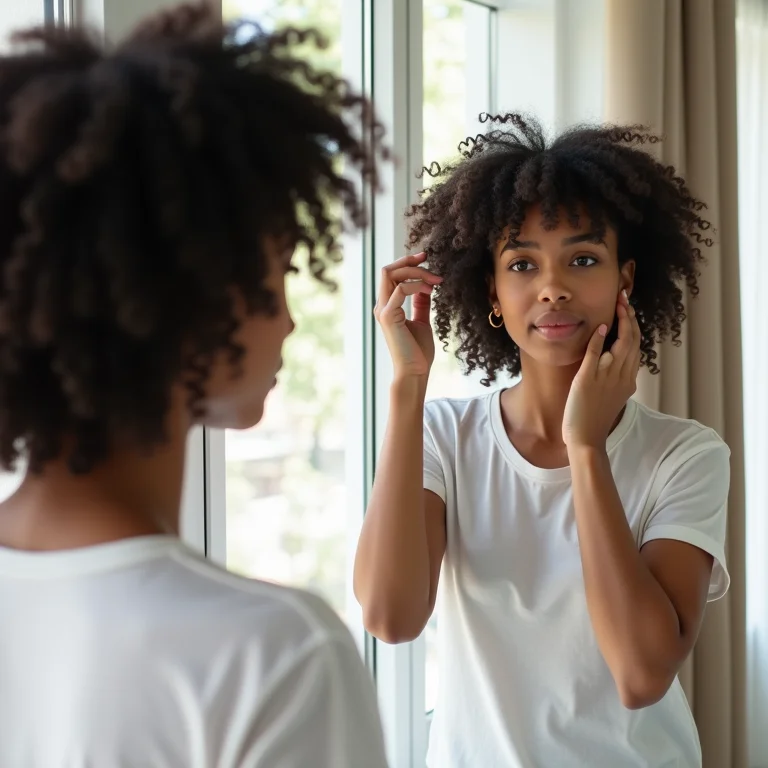 Mulher cacheada analisando as pontas secas do cabelo no espelho