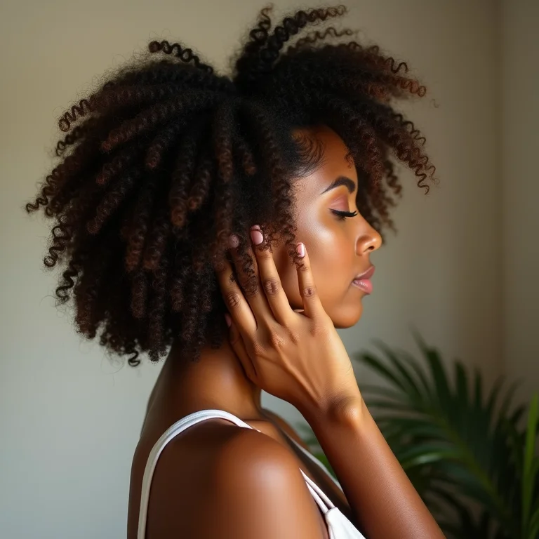 Mulher cacheada aplicando azeite de oliva no cabelo com os dedos
