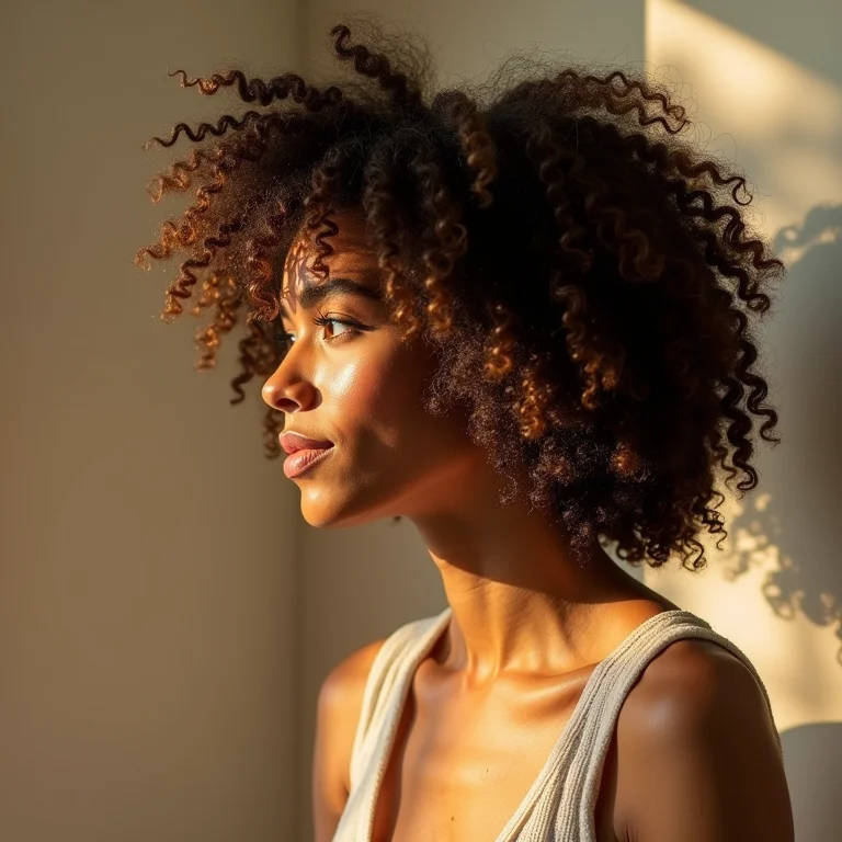 Mulher cacheada aplicando leave-in no cabelo