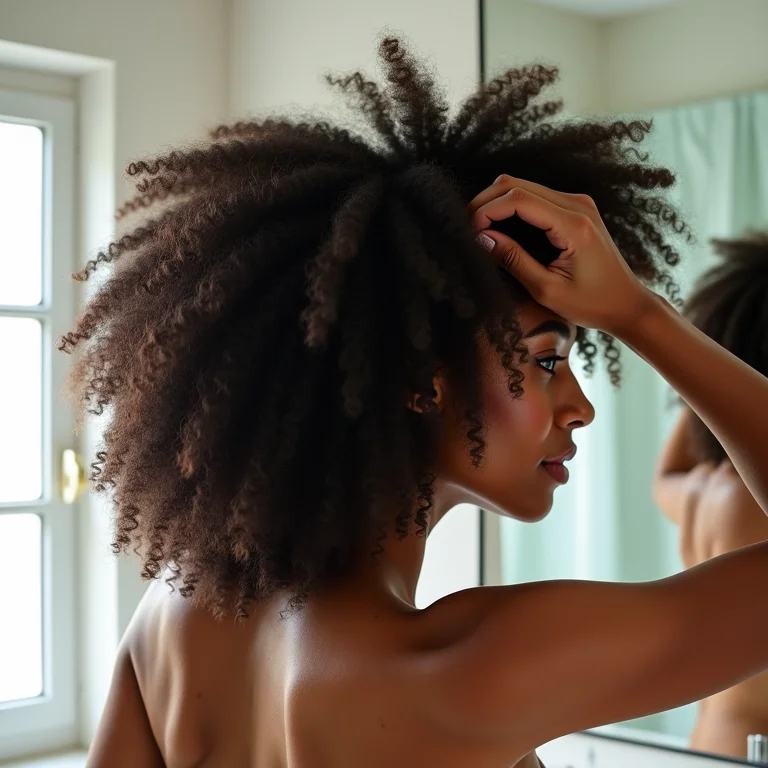 Mulher cacheada aplicando máscara capilar nas pontas dos cabelos