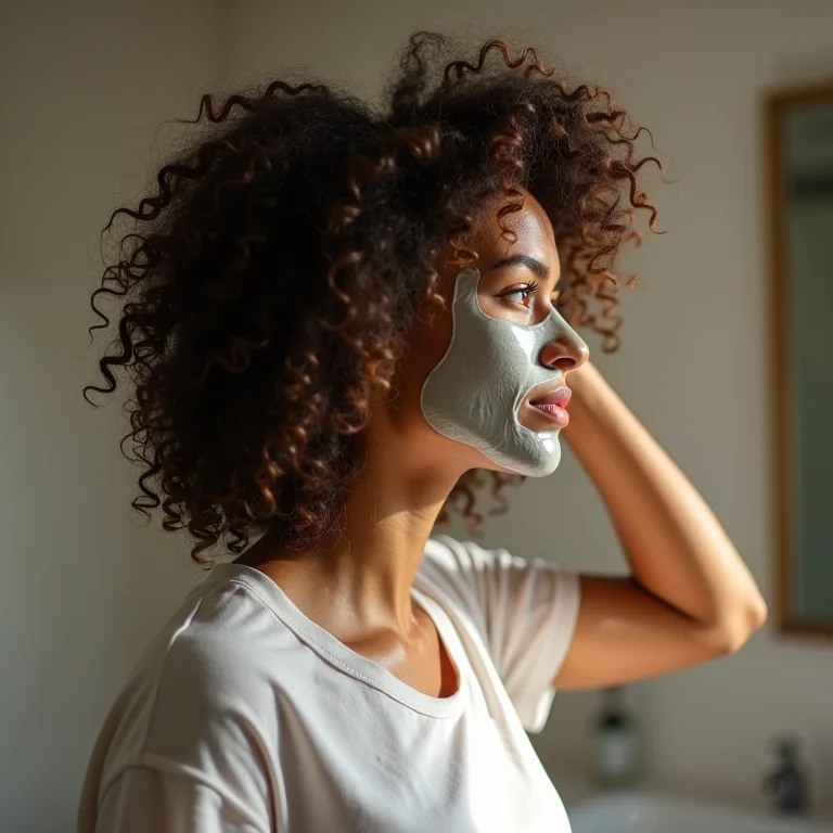 Mulher cacheada aplicando máscara capilar no banheiro