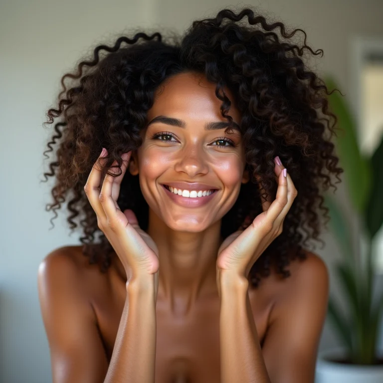 Mulher cacheada aplicando máscara capilar no banheiro.