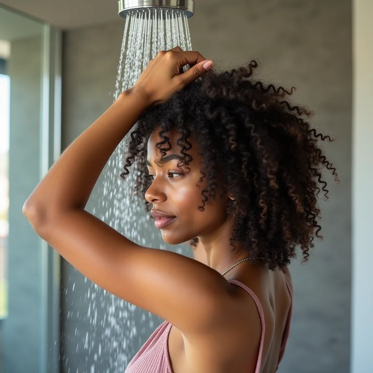 Mulher cacheada enxaguando rapidamente o cabelo após o treino