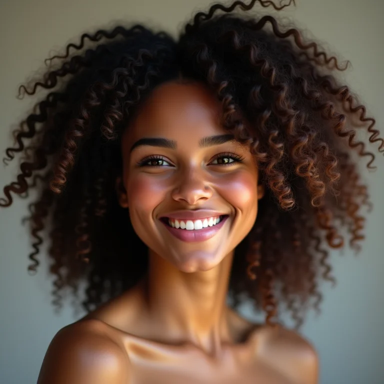 Mulher cacheada exibindo cachos definidos com máscara específica