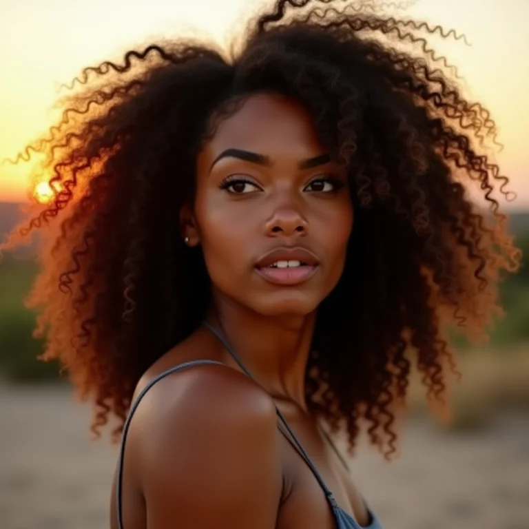 Mulher cacheada exibindo corte de cabelo desfiado.