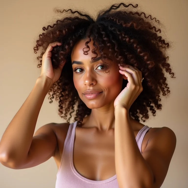 Mulher cacheada finalizando o cabelo em 5 minutos